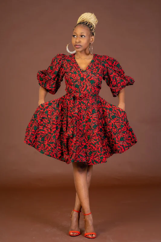 Retro Dresses for Throwback -Jasmine Ankara Midi Dress | Red and Green African Print