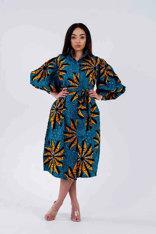 Lace Dresses for Delicate -Jacinta Ankara Midi Shirt Dress | Green and Yellow African Print