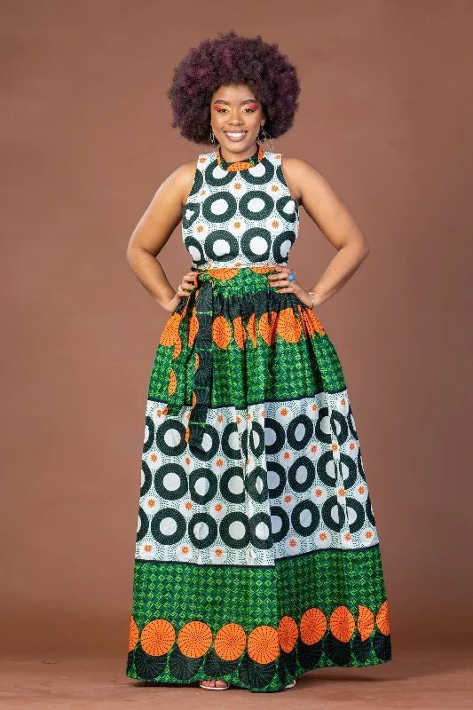 Pink Dresses for Feminine -Cecilia Ankara Maxi Dress | Green and White African Print