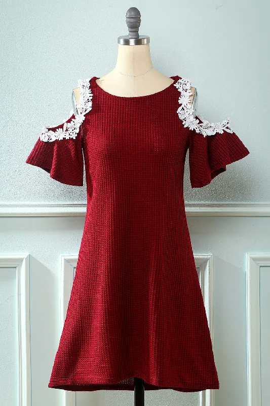 Studded Dresses for Statement -Dark Red Off the Shoulder Knitted Dress with Appliques