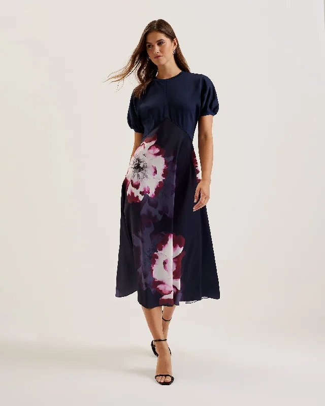 Belted Dresses for Shaping -Mitzic Ponte Bodice Printed Satin Skirt Midi Dress Navy