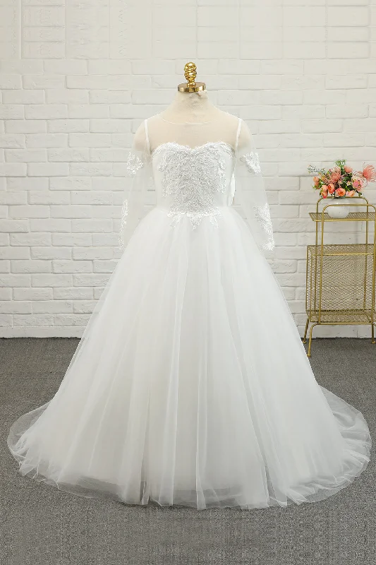 Sheath Dresses for Sophisticated -Ivory Tulle Long Flower Girl Dress with Lace