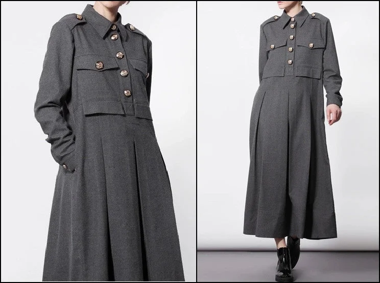 A-line Dresses for Flattering -Woolblend Front Button Closure Floor Long Military Style Dress