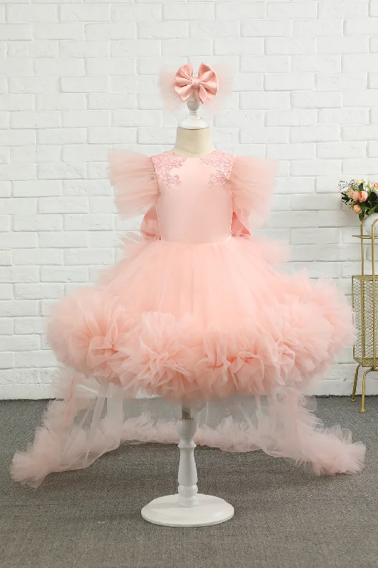 Office Dresses for Business -Pink High-low Tulle Flower Girl Dress with Bow