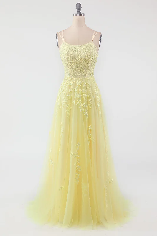 Spandex Dresses for Flexible -Yellow Spaghetti Straps Prom Dress