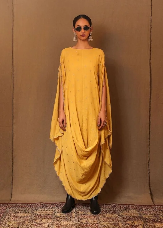 Capri Dresses for Playful -Mustard Zari Spade Emb Cowl Dress