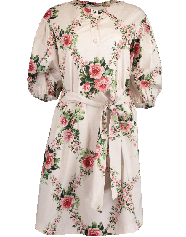 Short-sleeved Dresses for Summer -Button Front Self Belt Floral Dress