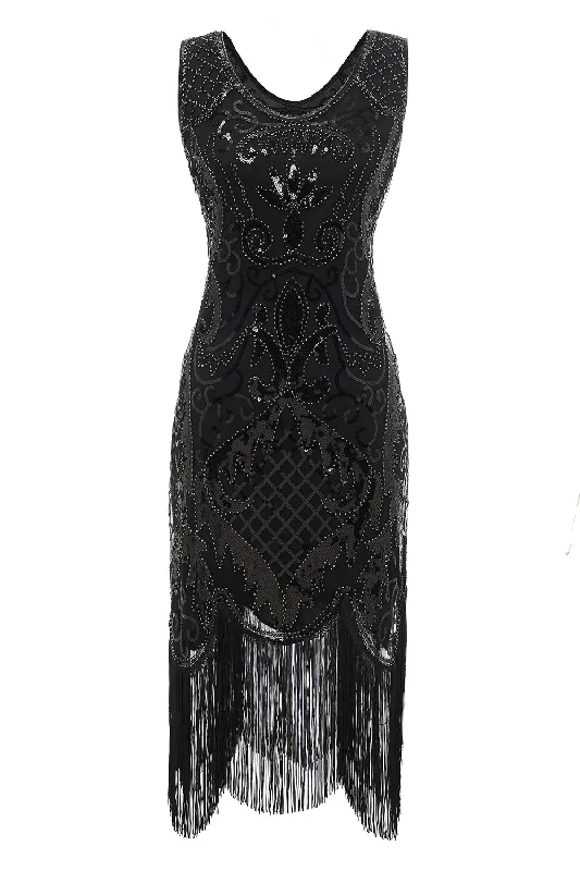 Rhinestone Dresses for Bling -Black V-neck Fringe Sequins 1920s Dress