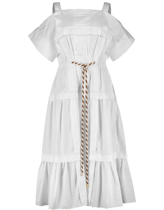 Maxi Dresses for Elegant Style -Cotton Cold Shoulder Pleated Dress