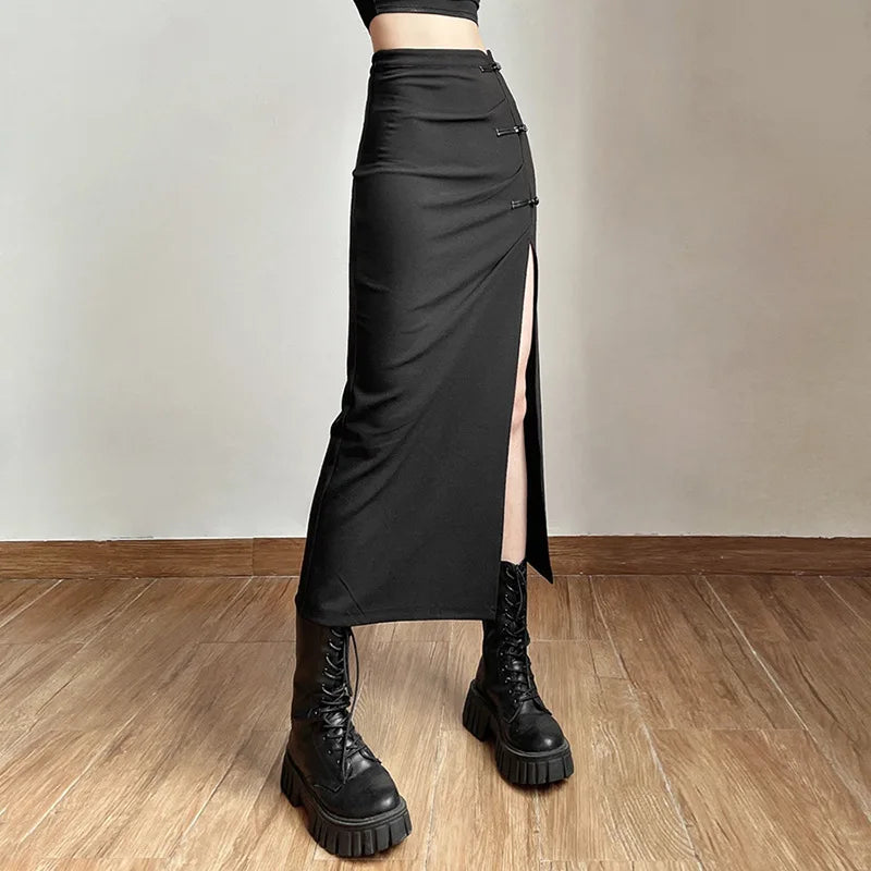 Trendy skirts with bold plaid patterns -Black Sexy Women A-line Slit Gothic Long Skirt