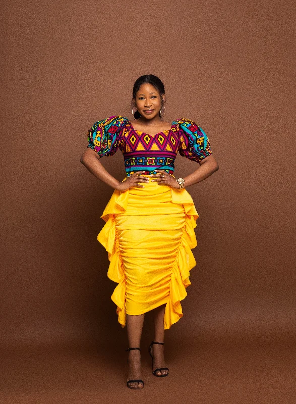 Sleeveless Dresses for Coolness -Jojo Ankara Midi Dress | Yellow Crepe and African Print