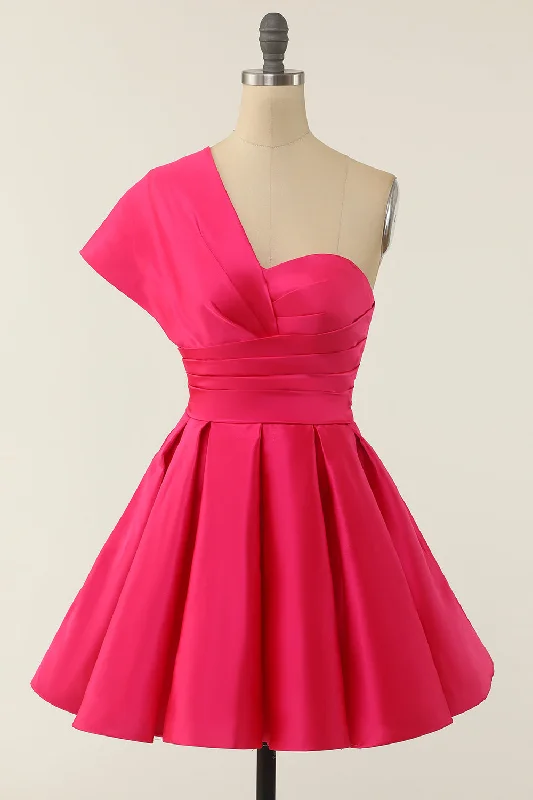 Sequined Dresses for Sparkle -Fuchsia One Shoulder Cocktail Dress