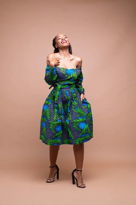 Capri Dresses for Playful -Sandy Ankara Midi Dress | Green and Blue African Print