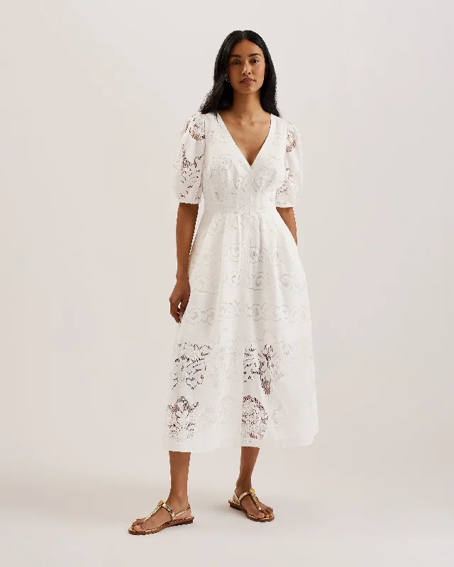 Birthday Dresses for Celebration -Agnel Lace Puff Sleeve Midi Dress White