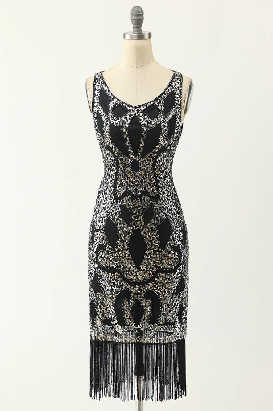 Maximalist Dresses for Bling -Scoop Neck Black Silver 1920s Dress