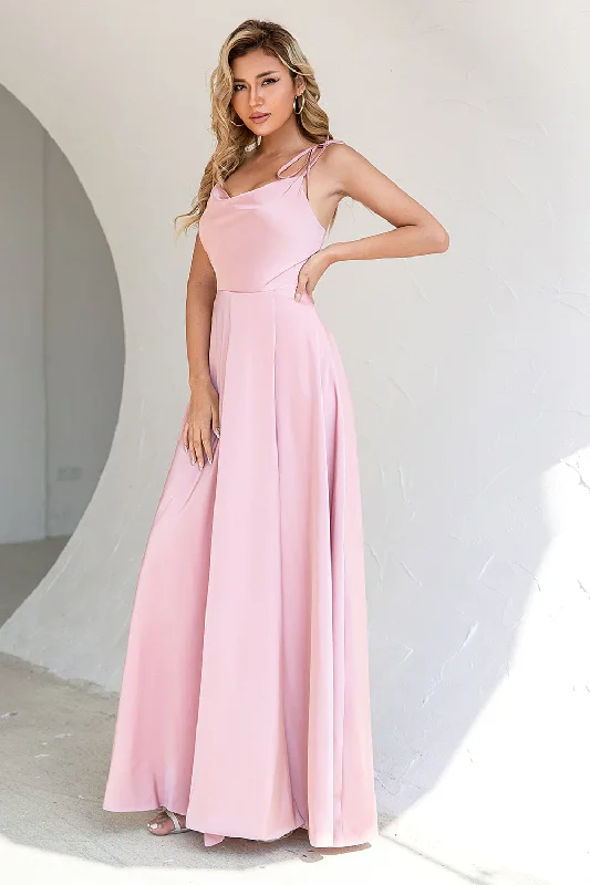 Halter Dresses for Chic Style -Blush Spaghetti Straps Long Bridesmaid Dress with Slit