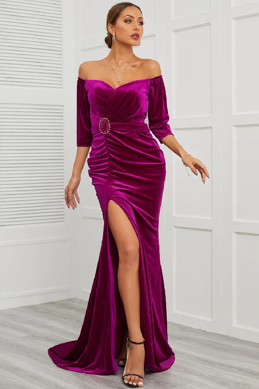 Anniversary Dresses for Special -Mermaid Off the Shoulder Prom Dress with Split Front