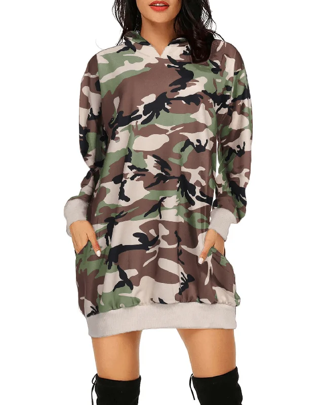 Halter Dresses for Chic Style -Long Sleeve Hooded Loose Pocket Pullover Camouflage Print Hoodie Dress