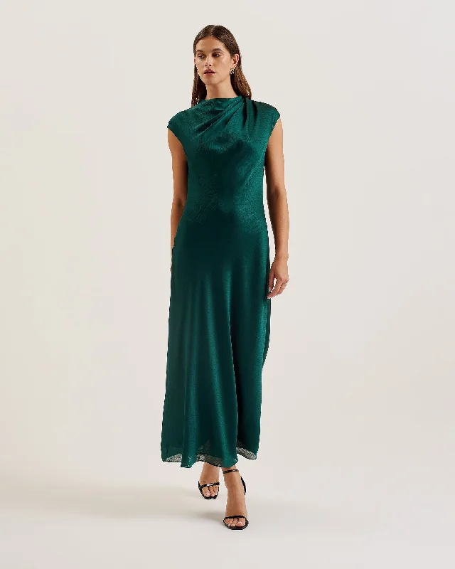 Beige Dresses for Neutral -Rimini Draped Neck Detail Midi Dress Dk-Green