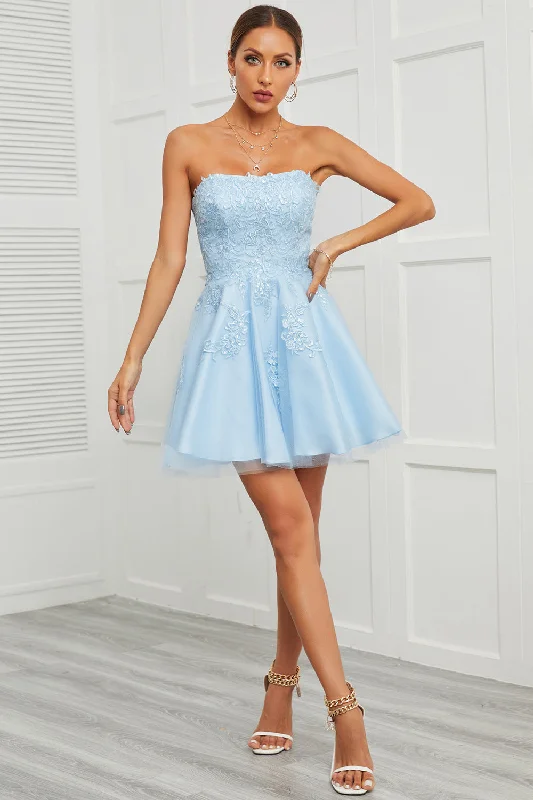 Tie-up Dresses for Decorative -Blue Tulle Short Prom Dress with Appliques