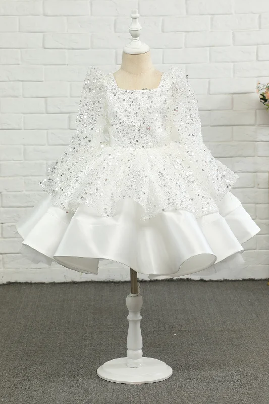 Bridesmaid Dresses for Ceremony -Ivory Sequins Flower Girl Dress with Bow