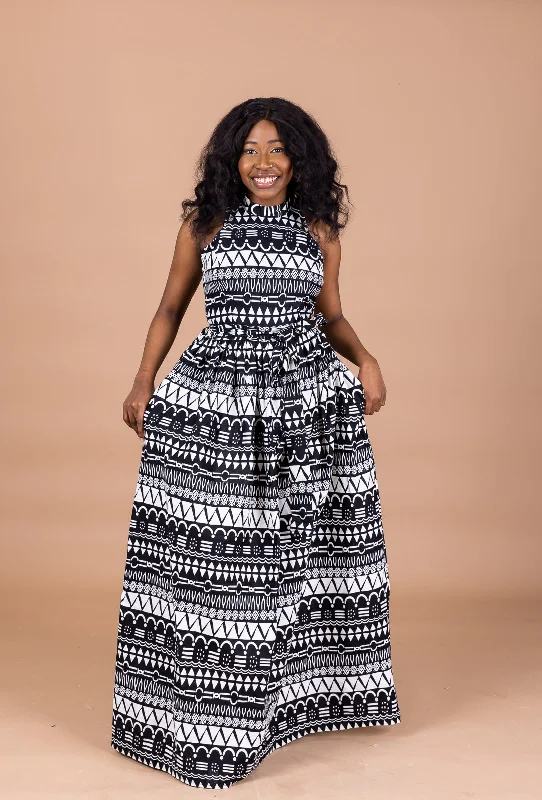 Retro Dresses for Throwback -Ava Ankara Maxi Dress | Black and white African Tribal Print