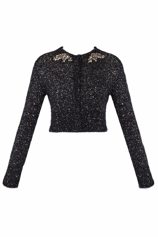 Ruffled - cardigan for a feminine style -Embellished Cropped Cardigan - Black