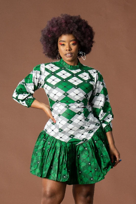 Annabella Ankara Midi Dress | Green and White African Print