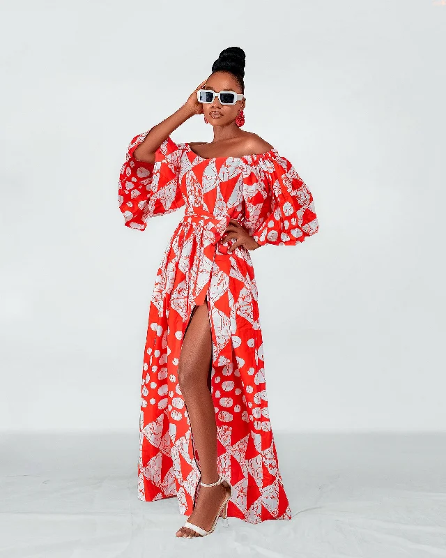 Geometric Dresses for Modern -Tori Ankara Off shoulder Maxi Dress | Red and White African Print