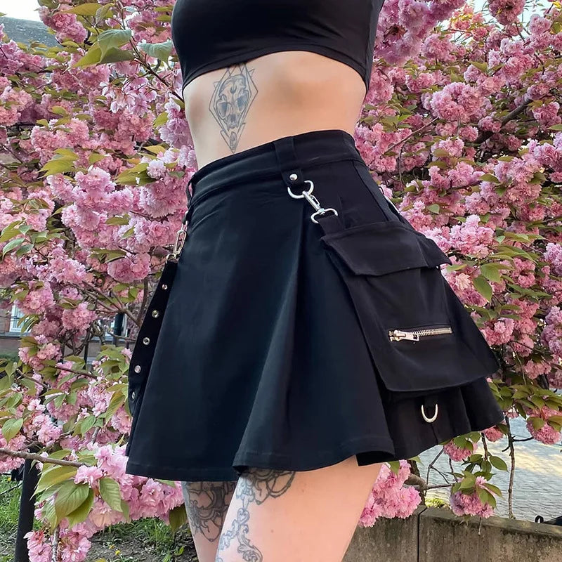 Lightweight linen skirts for breathable wear -Black Harajuku Gothic High Waist Bandage Mini Skirt