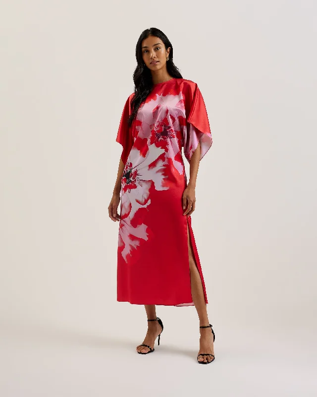 Printed Dresses with Patterns -Nasinu Batwing Sleeve Side Split Midi Dress Red