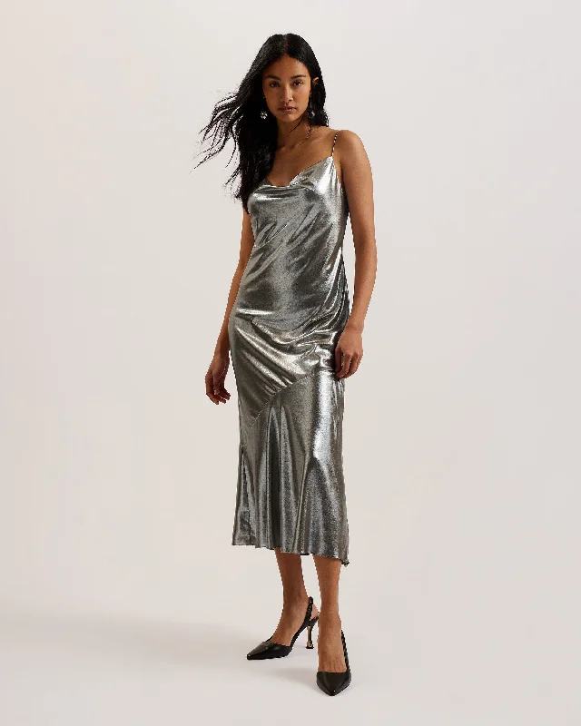 Work Dresses for Professional -Limern Cowl Neck Bias Cut Lurex Midi Dress Silver