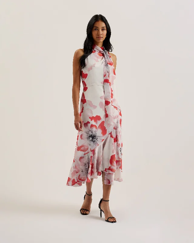 Sleeveless Dresses for Coolness -Selino Tie Neck Printed Midi Dress Ivory