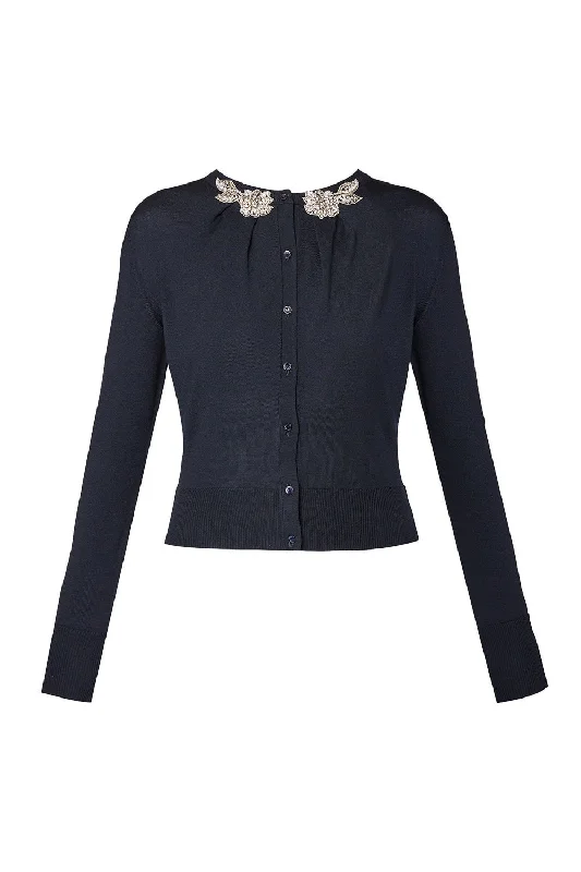 Women's cashmere cardigan for warmth -Button Down Cardigan - Navy