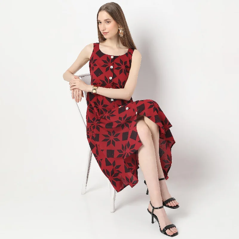 Birthday Dresses for Celebration -Flare Fit Floral Print Below Knee Shoulder Straps Dress