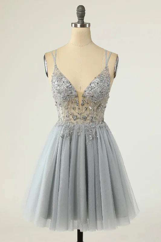 Cocktail Dresses for Party Time -Gorgeous A Line Spaghetti Straps Grey Short Homecoming Dress with Beading