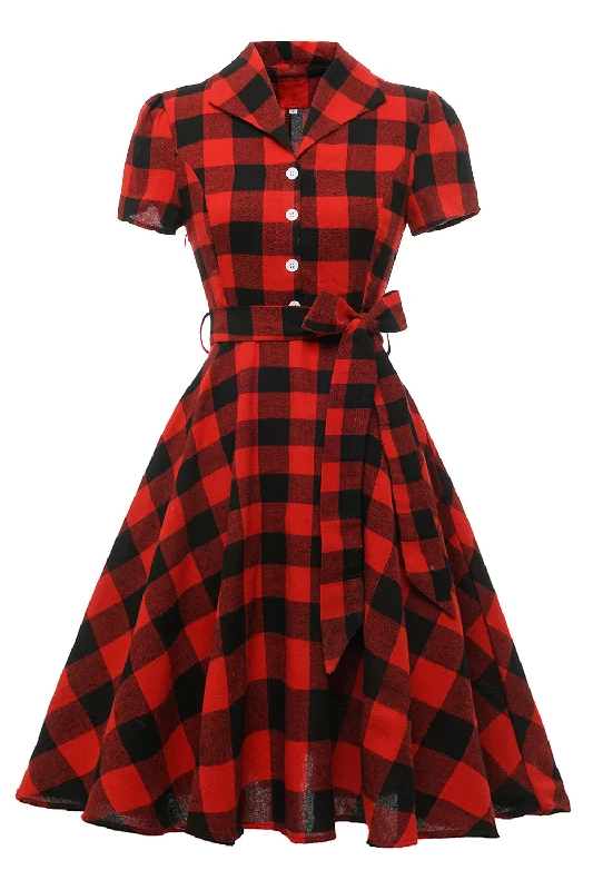 Printed Dresses with Patterns -Red Plaid Short Sleeves Vintage Dress