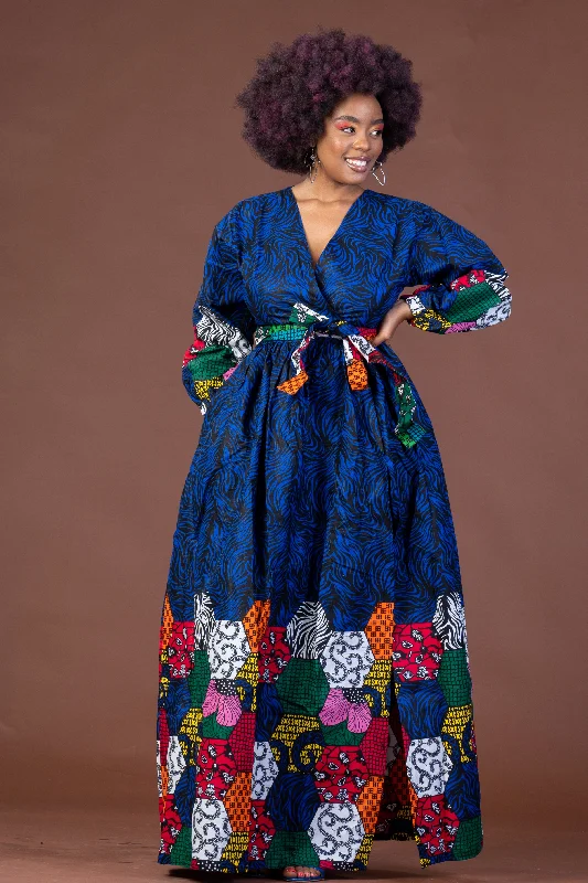 Party Dresses for Celebration -Abas Ankara Maxi Dress | Blue African Print