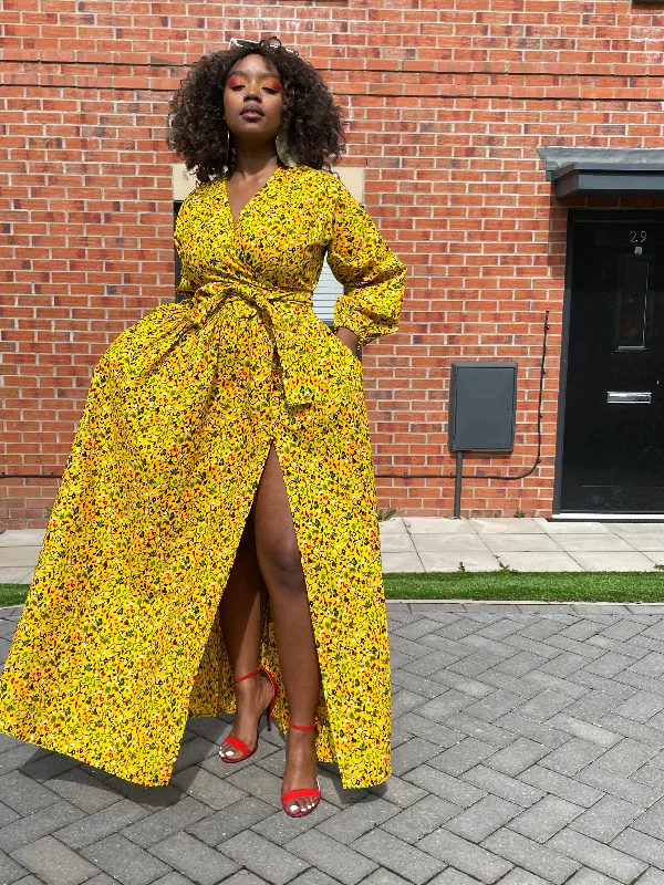 Prom Dresses for School Dance -Ainsley Ankara Maxi Dress|Yellow African Floral Print