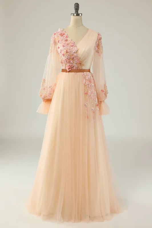 Valentine's Day Dresses for Romance -Elegant A Line V Neck Apricot Long Prom Dress with Appliques