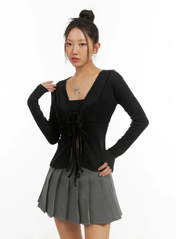 Silk cardigan for elegant evening events -Ribbon Strap Solid Cardigan IS402