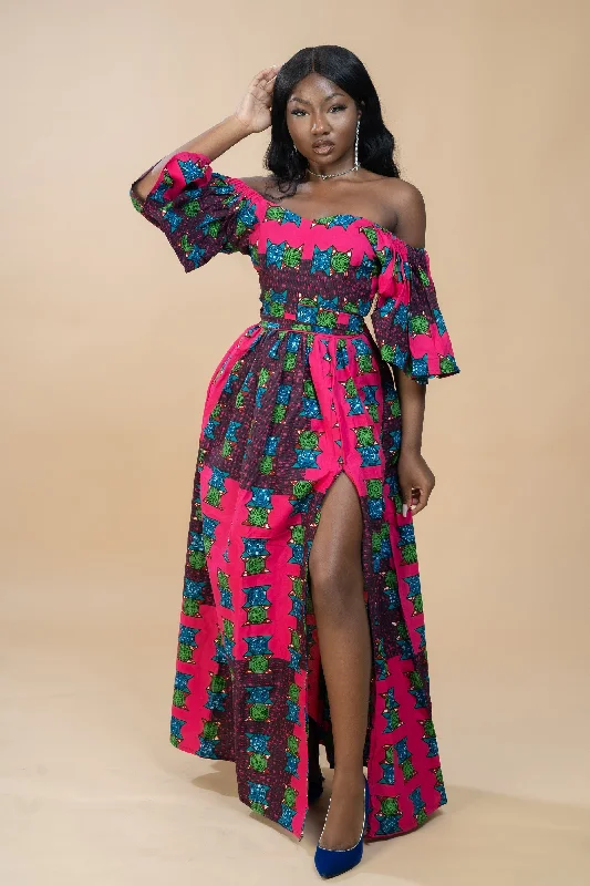 Capri Dresses for Playful -Tolu Ankara Off shoulder Maxi Dress | Pink and Green African Print