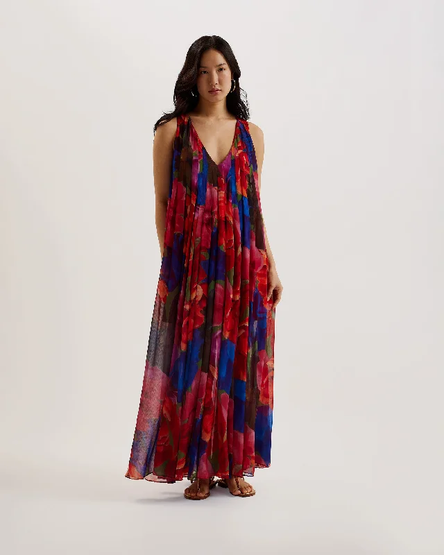 African Dresses with Culture -Rabiusa Organza Tropical Bloom V Neck Maxi Dress Multicolor