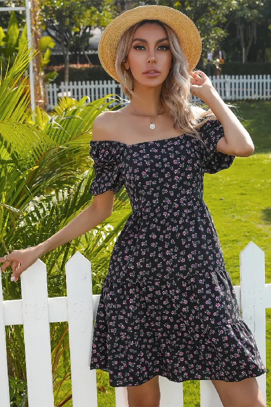 Midi Dresses for Versatile Wear -Floral Square Neck Bubble Short Sleeves Boho Dress