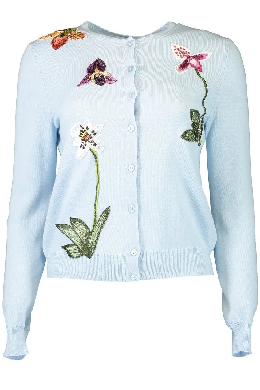 Weekend - cardigan for relaxed outings -Orchid Embroidered Crewneck Cardigan