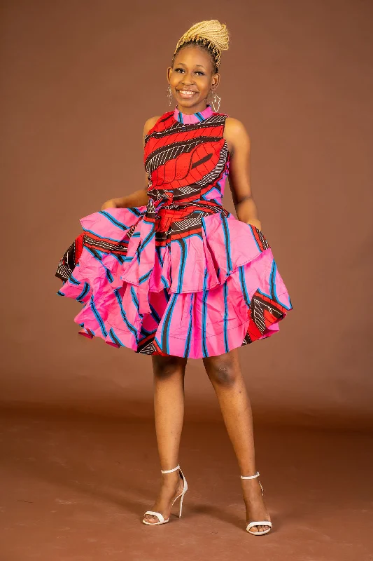 One-shoulder Dresses for Trendy -Zara Ankara Sleeveless Dress | Pink and Red African Print