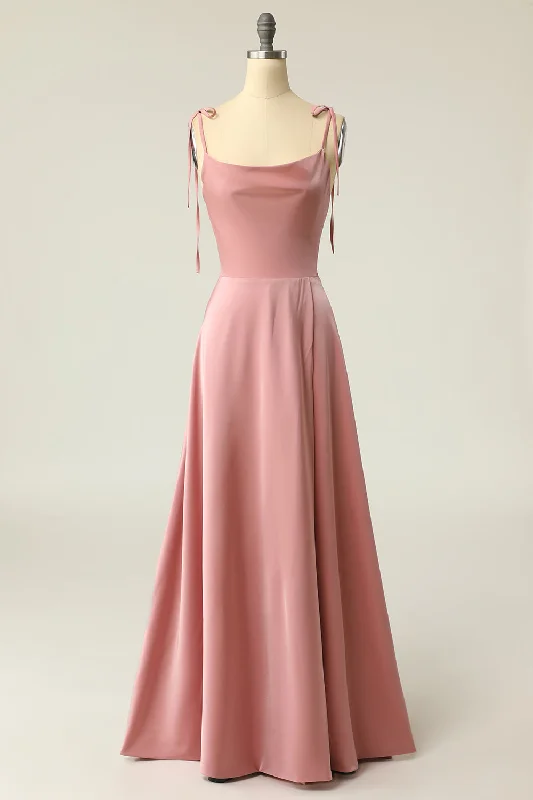 Minimalist Dresses for Simplicity -Blush Spaghetti Straps Long Prom Dress with Bowknot