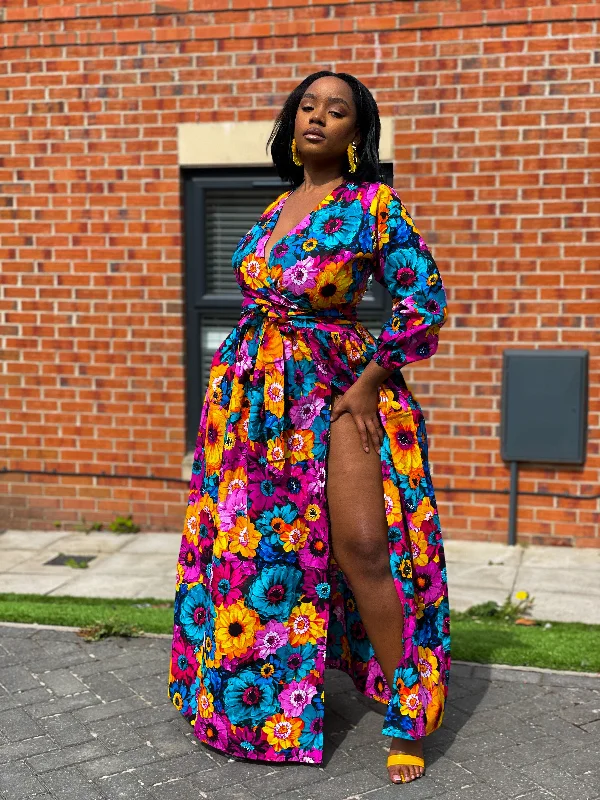 Beaded Dresses for Glamour -Avita Ankara Maxi Dress | Pink Floral Multicoloured African Print