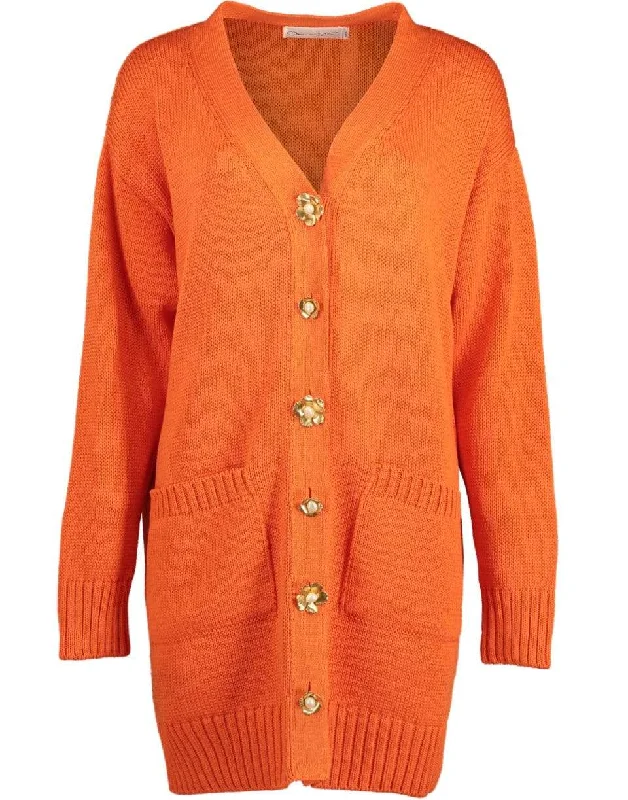 Semi - formal - event cardigan for a refined look -Flower Button Persimmon Long Sleeve Cardigan