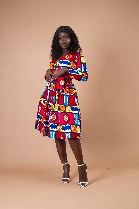 Beach Dresses for Coastal -Jessica Ankara Wrap Midi Dress | Red and White Multicolored African Print